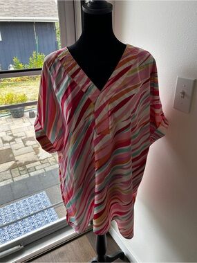 SHEIN Multicolor Striped V-Neck Top in Pink & Mint